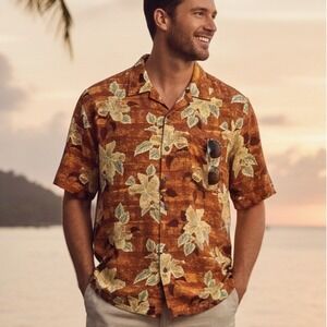 Tommy Bahama Mens Resort Coastal Vacation Silk Shirt Sz L Rust Tropical Hibiscus